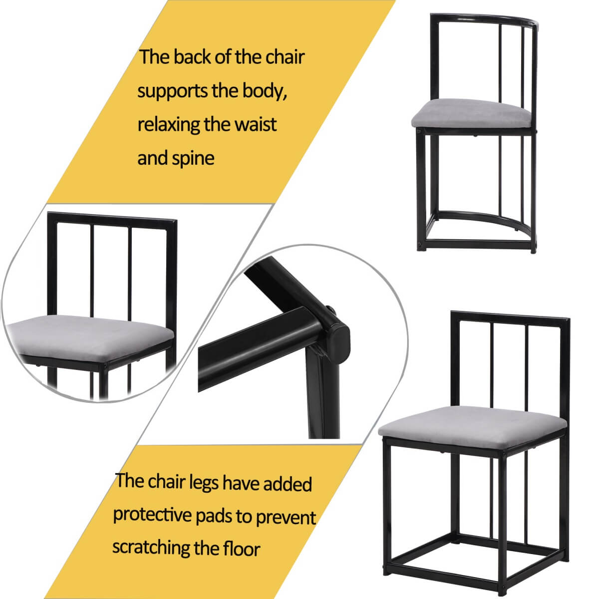 6 Seater Dining Table Set – White Table with Grey Cushioned Chairs, Black Metal Frame, Modern Dining Room Set