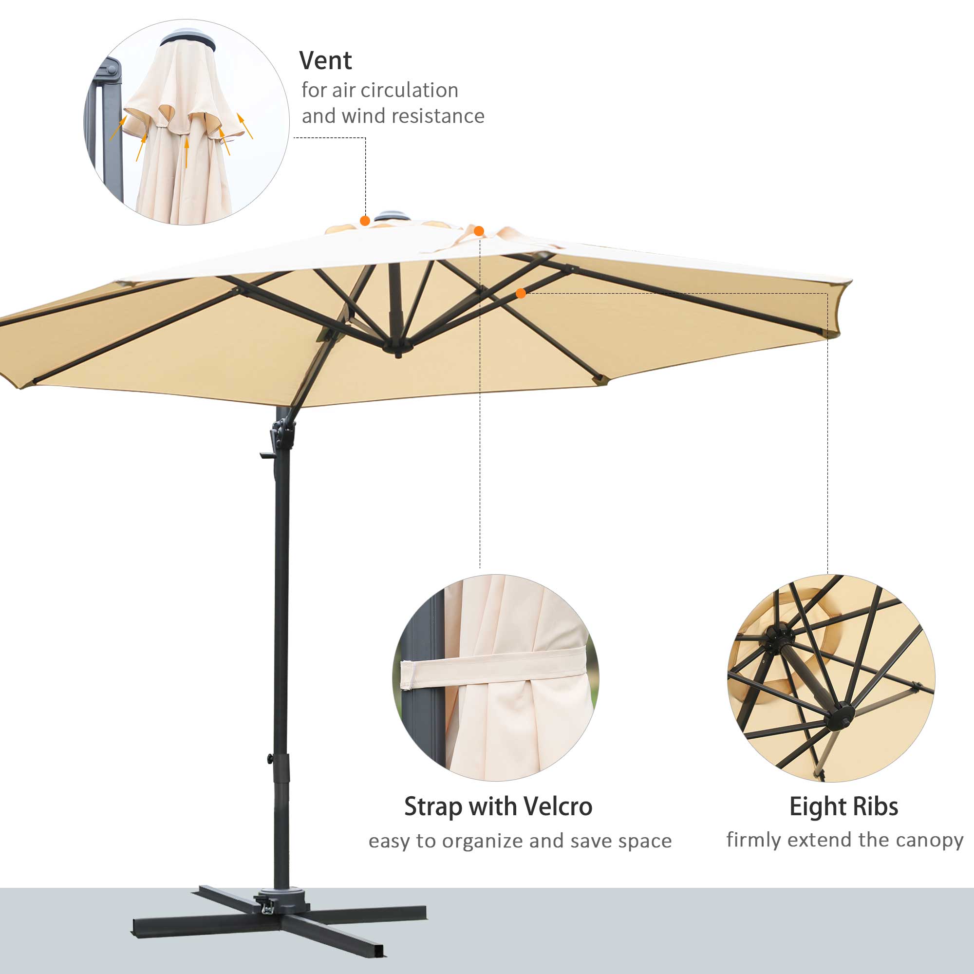 Outsunny Round Umbrella Parasol W/ Tilt 360° Rotation and Hand Crank Cross Base-Beige