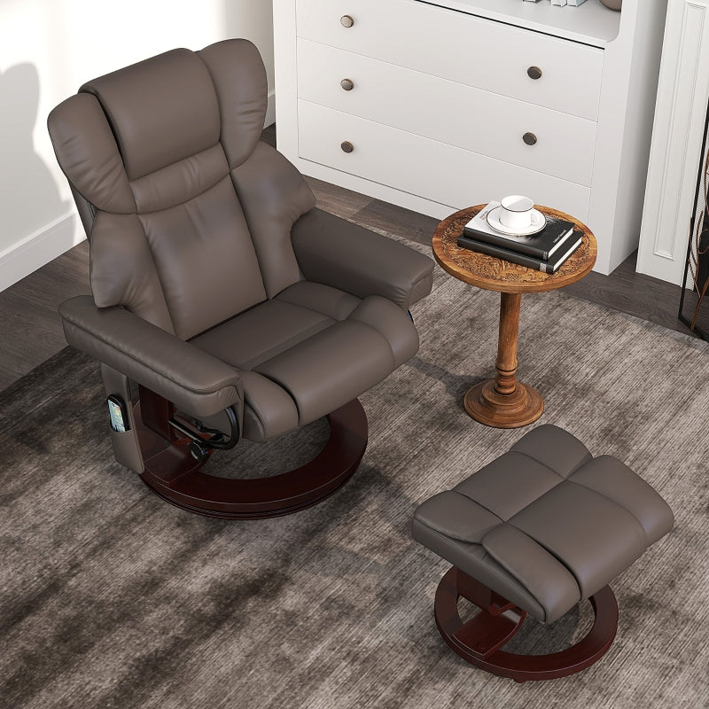 Massage Recliner Chair with Footstool, Adjustable Backrest, Swivel, Brown