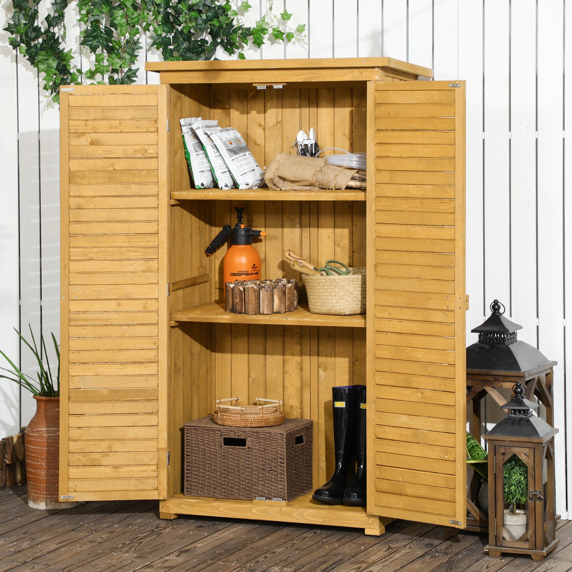 Wooden Garden Storage Shed, Compact Utility Sentry Unit, 3-Tier Shelves Tool Cabinet, Asphalt Roof