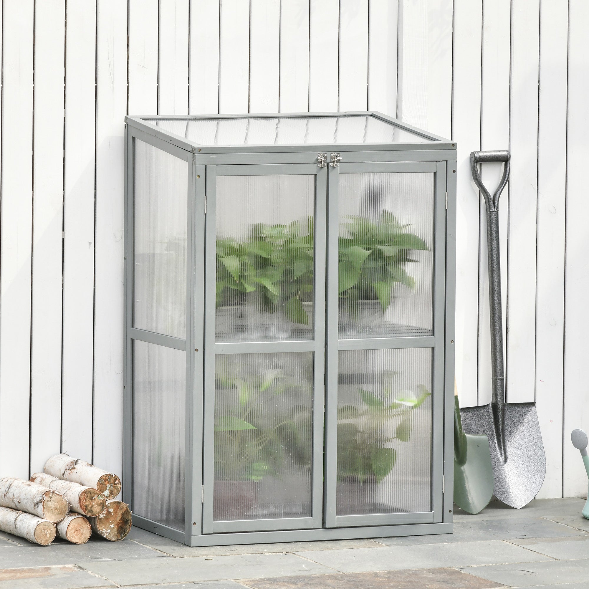 Wooden Cold Frame Greenhouse with Adjustable Shelf and Double Doors, Light Grey