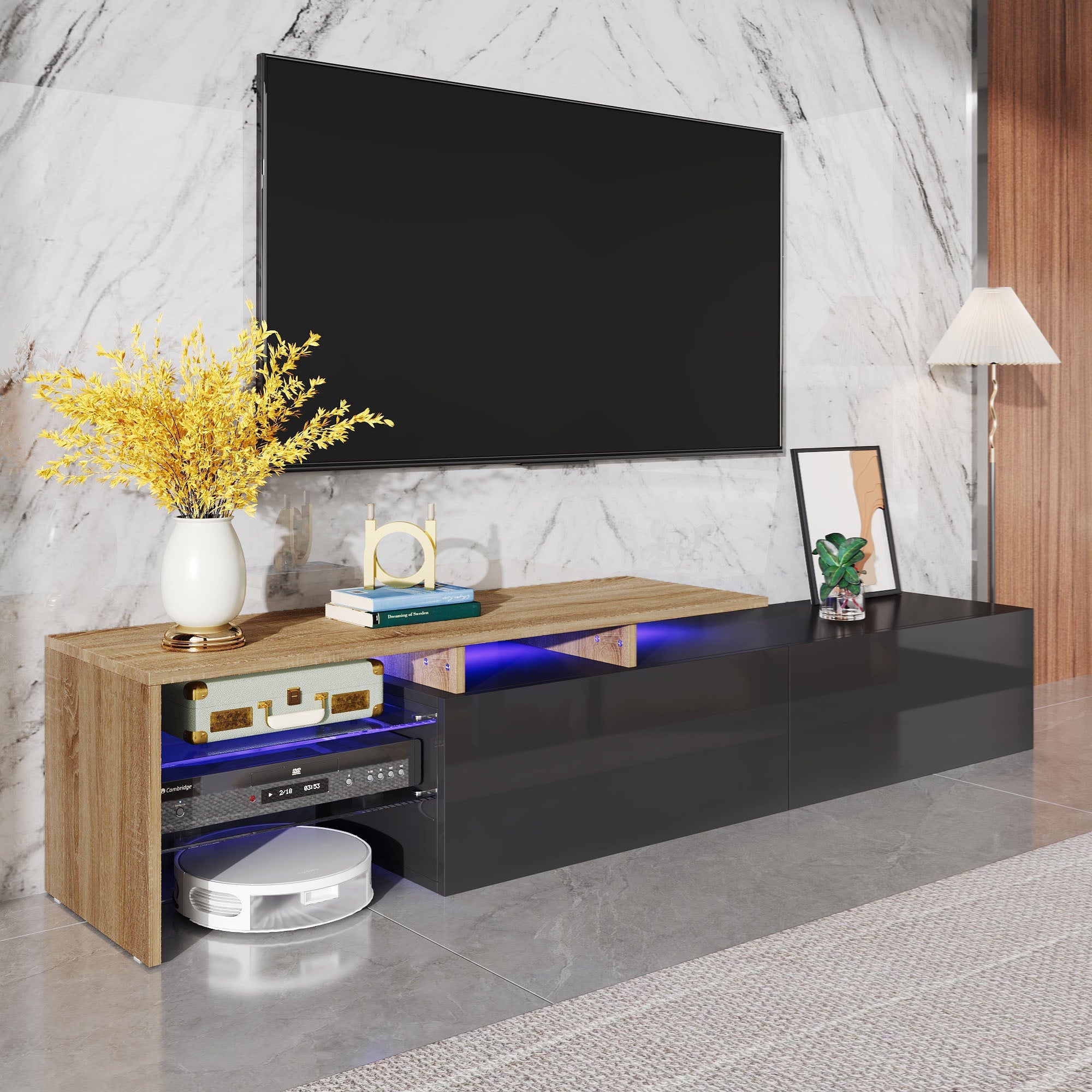 Modern TV Cabinet: Stylish, Elegant, Storage with Glass Shelves, LED Lighting, Black and Wood