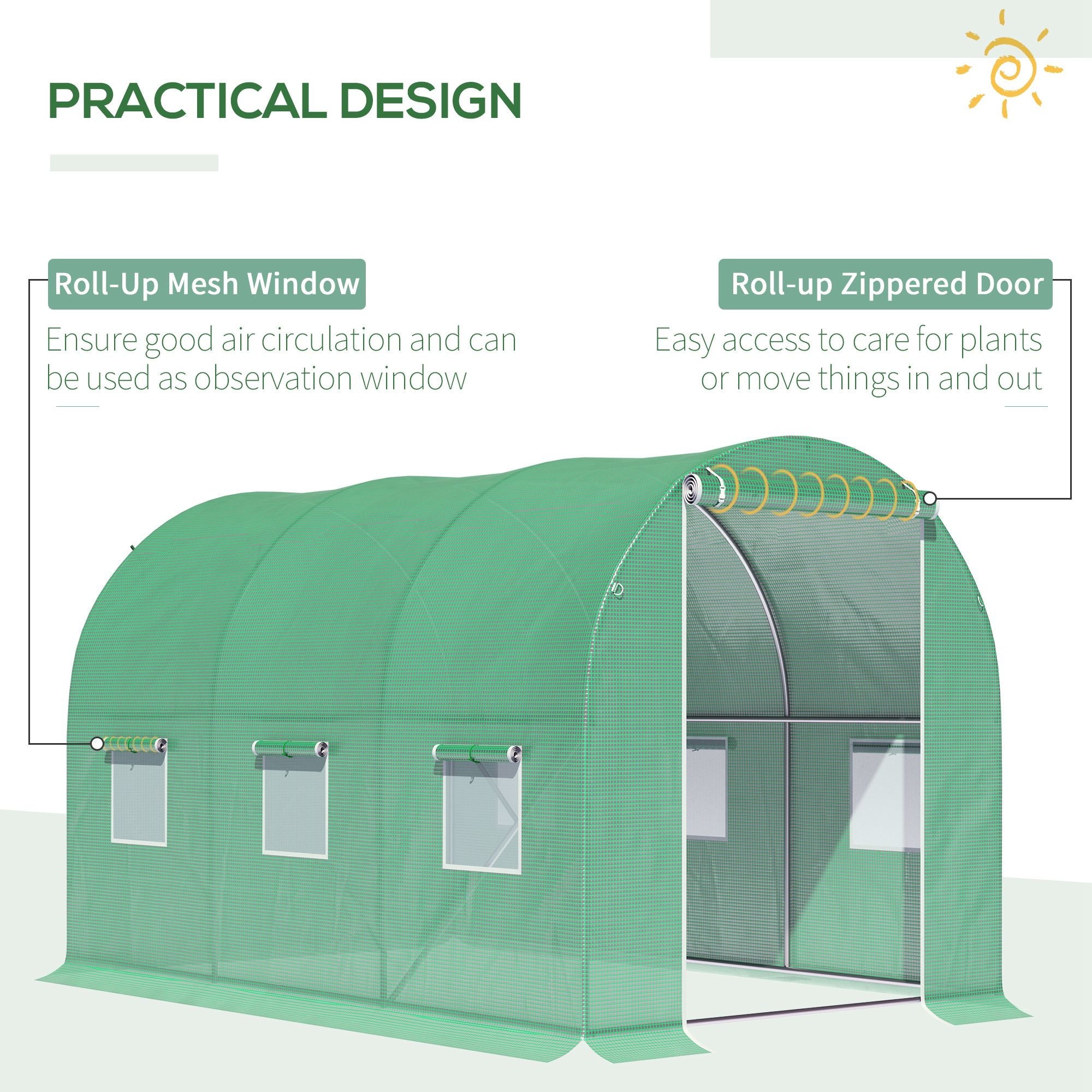 Walk-in Polytunnel Greenhouse with Zipped Roll-Up Door and 6 Mesh Windows, 3 x 2M