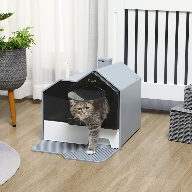 Cat Litter Tray Hooded with Scoop, Drawer, Handle, Deodorants, Hut Design, Front Entrance - Grey