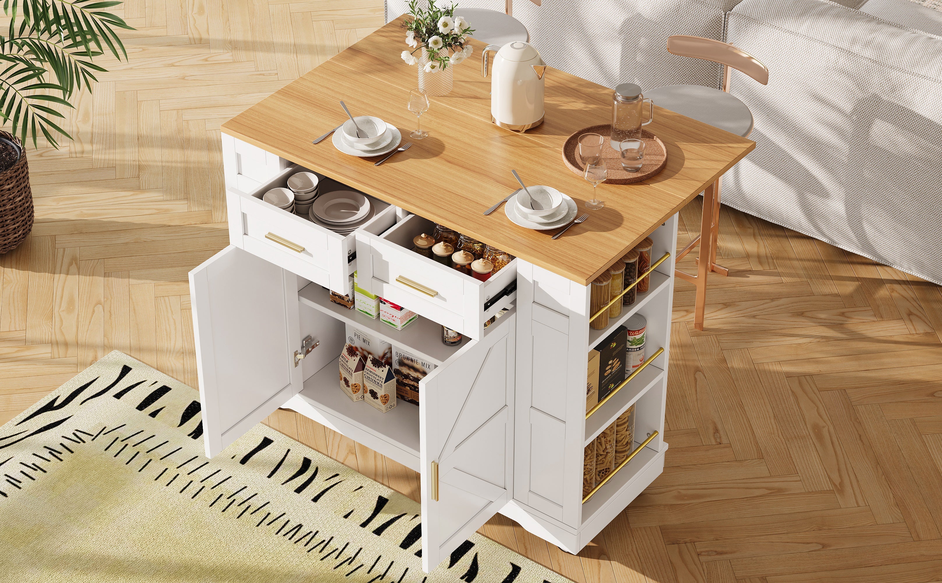 Kitchen Island on Wheels, Rolling Cart with Drawers & Storage, Foldable Worktop, White