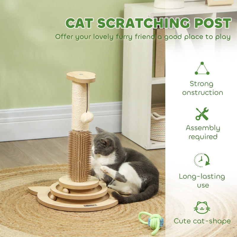 Cat Scratching Post, 49cm 5-in-1 Sisal Post, Track Ball, Self Grooming Brush, Hanging Toy Ball, Feather, Oak Tone