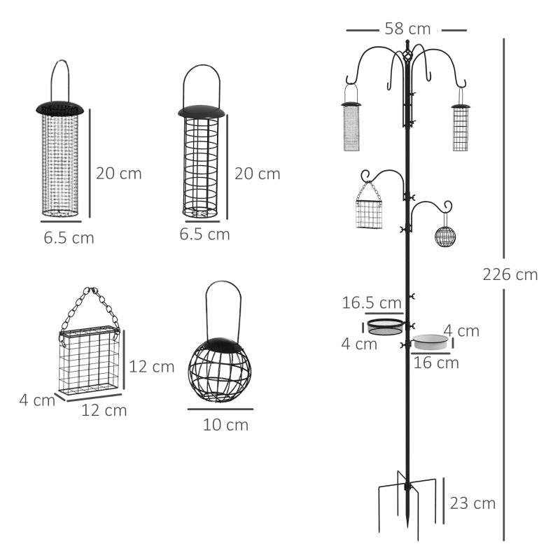 Bird Feeding Station Kit, 6 Hooks, 4 Hanging Feeders, Black