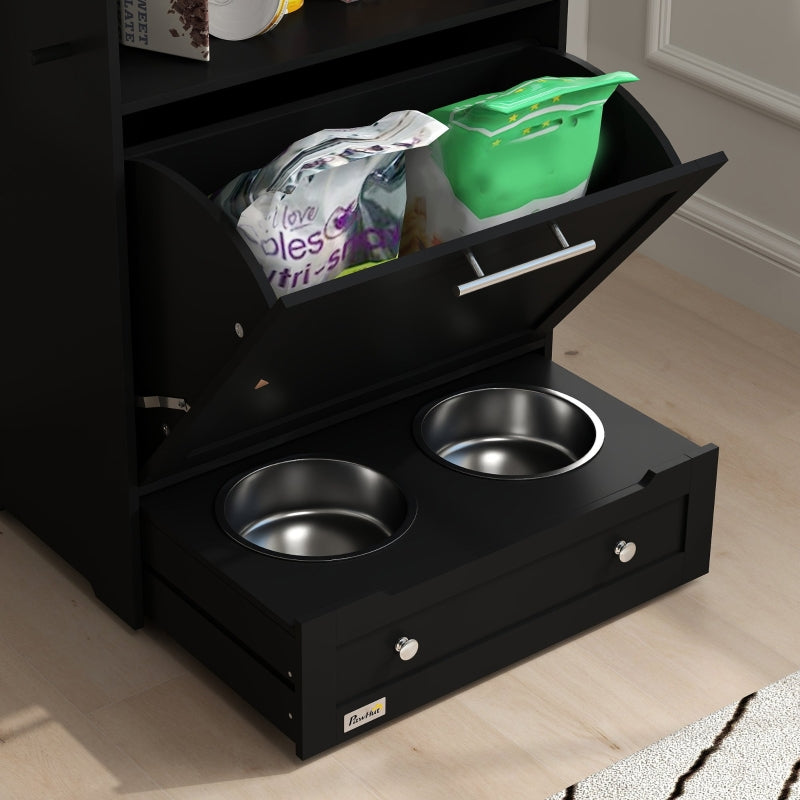 Pet Feeder Station with Raised Bowls, Storage Container, Hanger, Cabinet - Black
