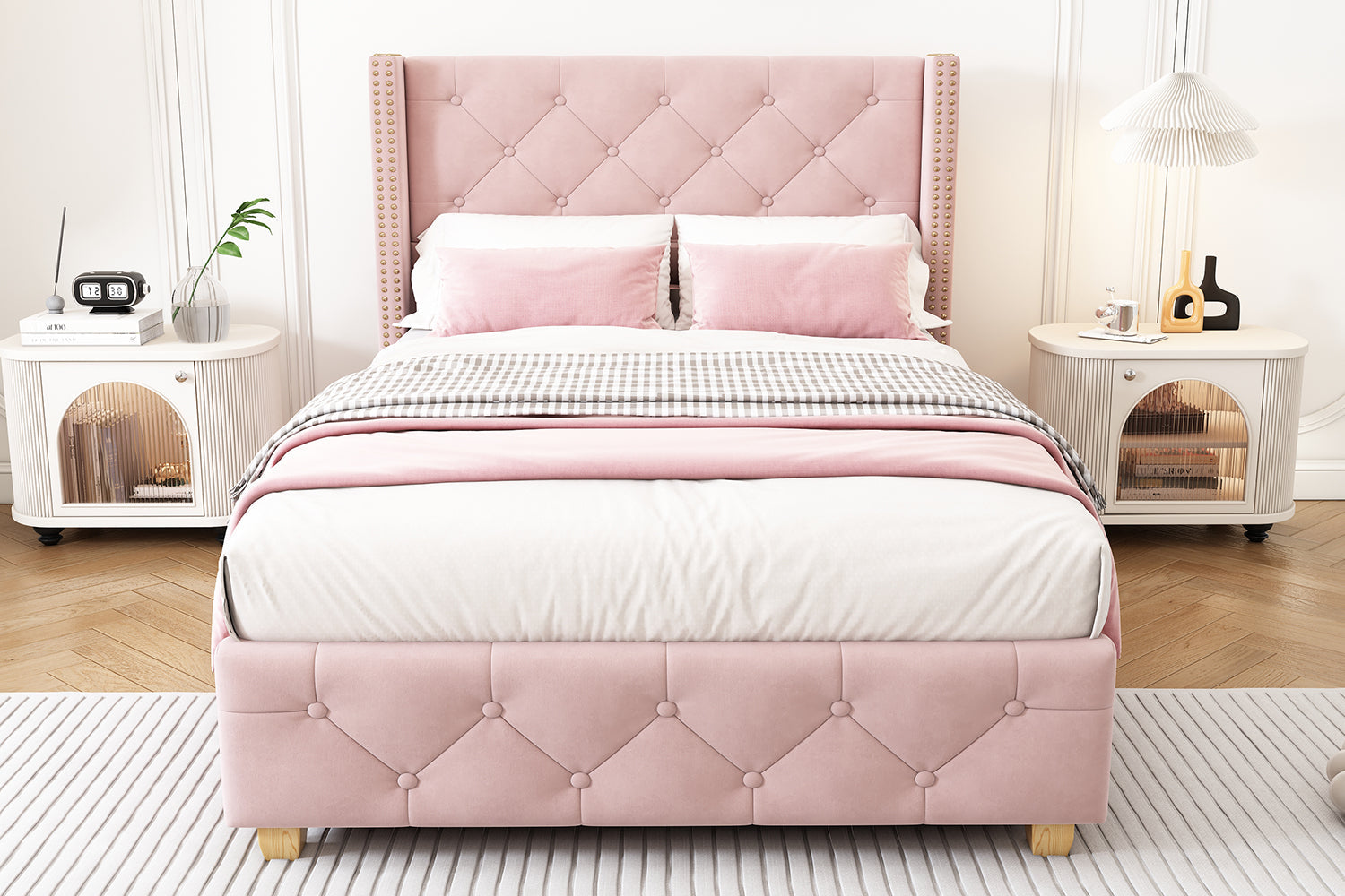 Upholstered Bed, Single Bed-3ft(90*190cm) with Slatted Frame and Headboard, Button Upholstery, Rivet Upholstery, Wooden Legs, Velvet, Pink