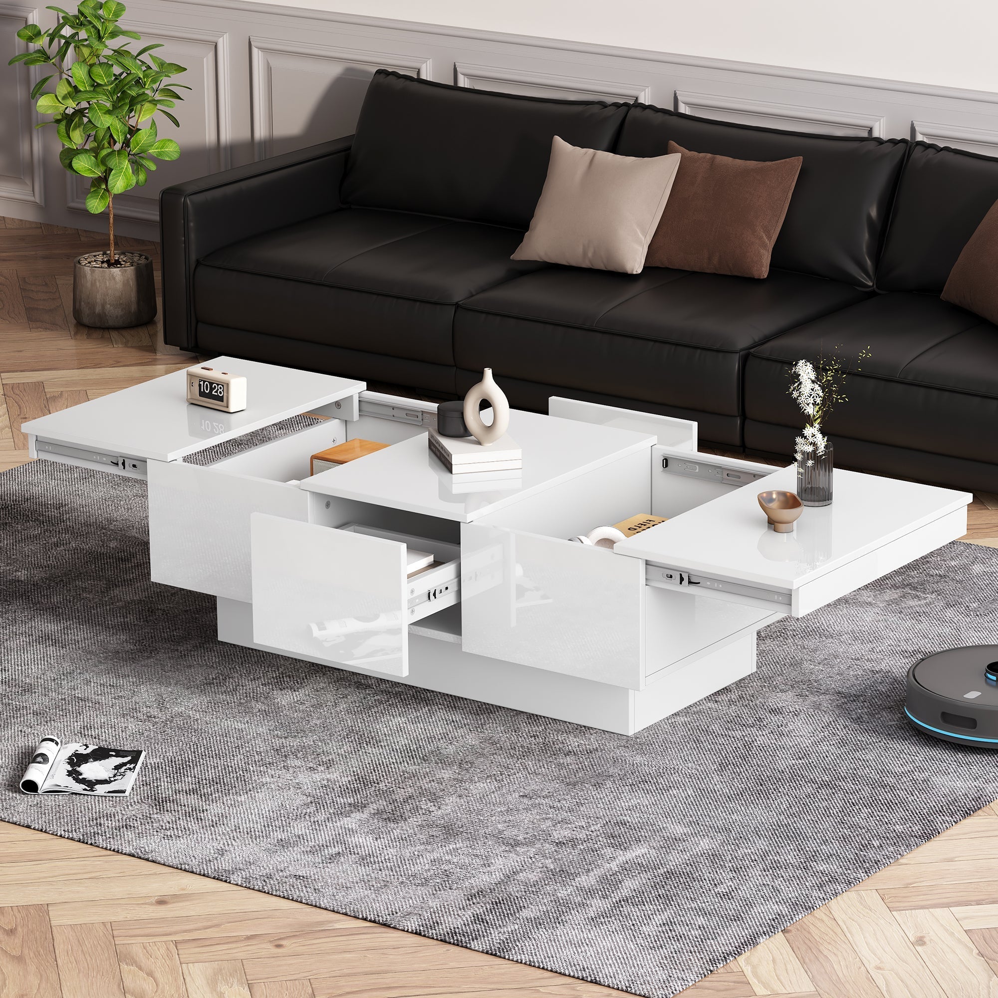 Coffee Table for Living Room, Modern Side Table with 2 Drawers and 2 Big Storage Space, White High Gloss Particle Board