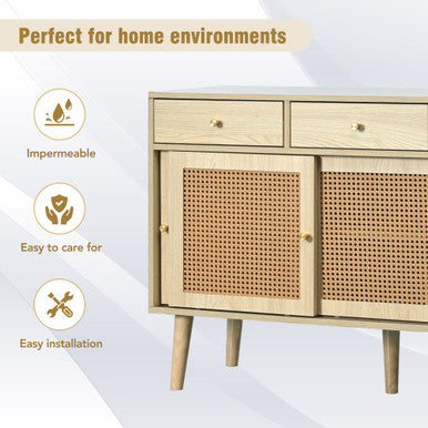 Modern Retro Rattan Sideboard with 3 Drawers and Wooden Frame