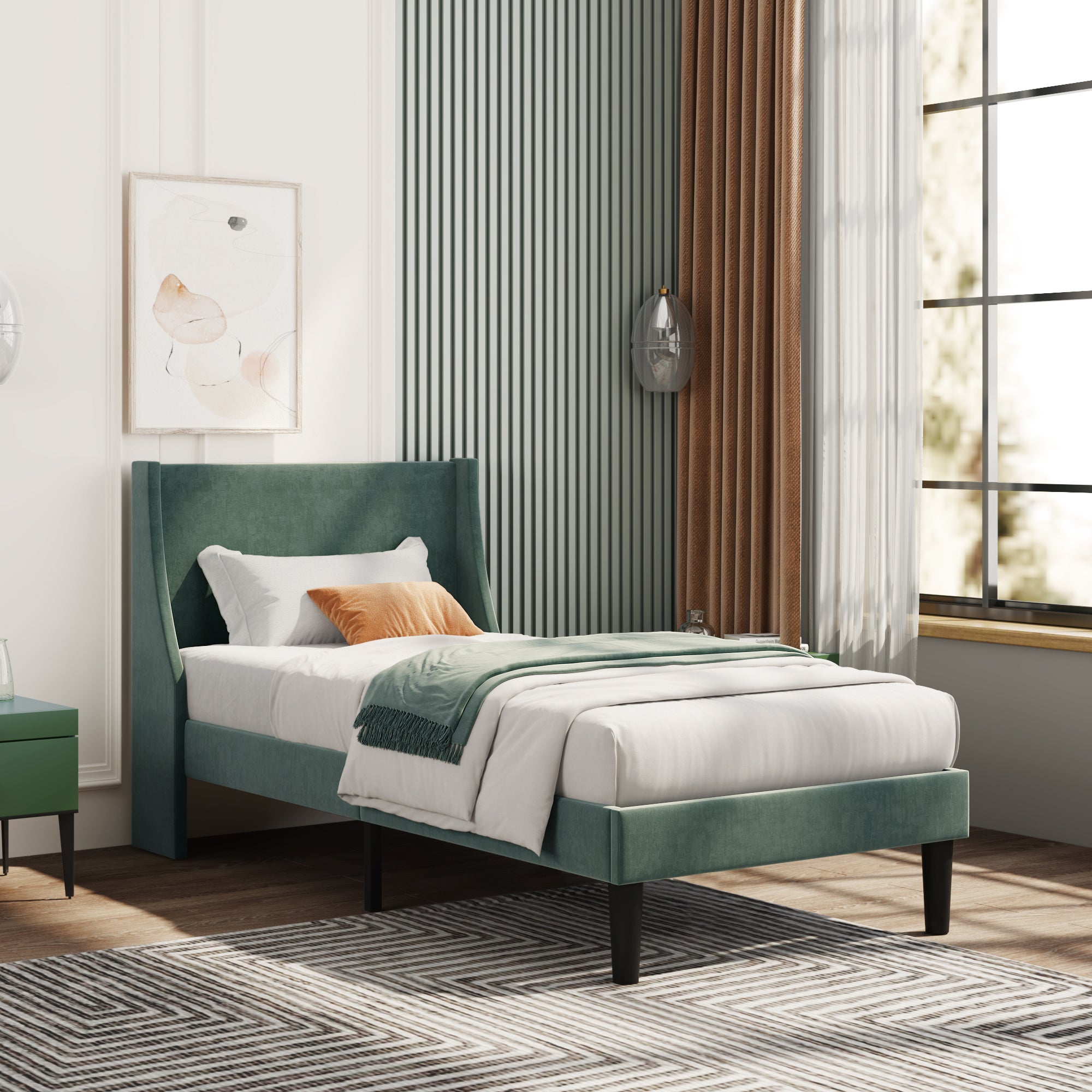 Single Bed Velvet Dark Green 3FT Upholstered Bed with Winged Headboard, Wood Slat Support