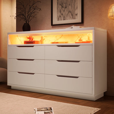 Marbled 6-Drawer Sideboard, RGB LED Lighting & Shelves, White