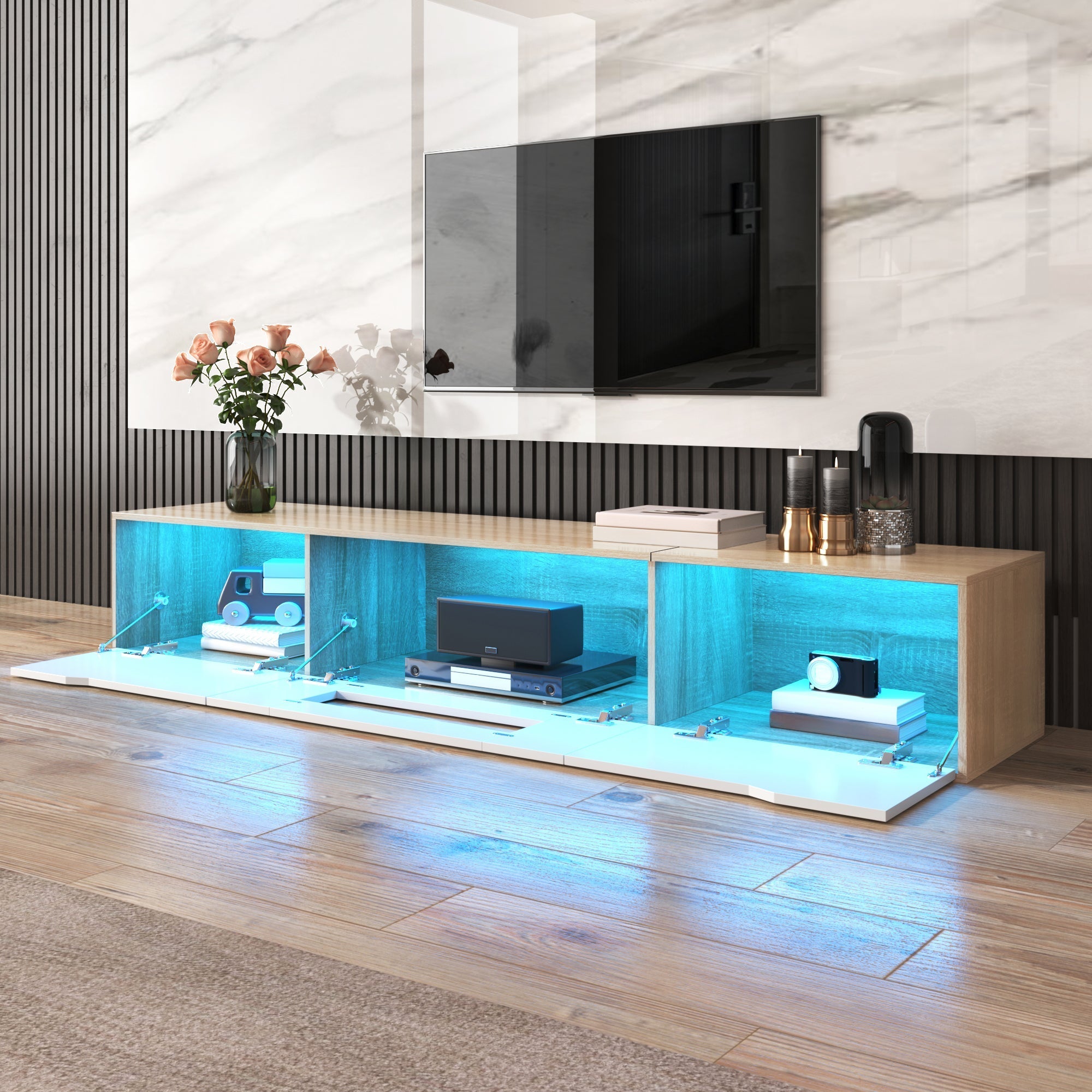 TV cabinet, high gloss, white and wood color, with color changing LED light