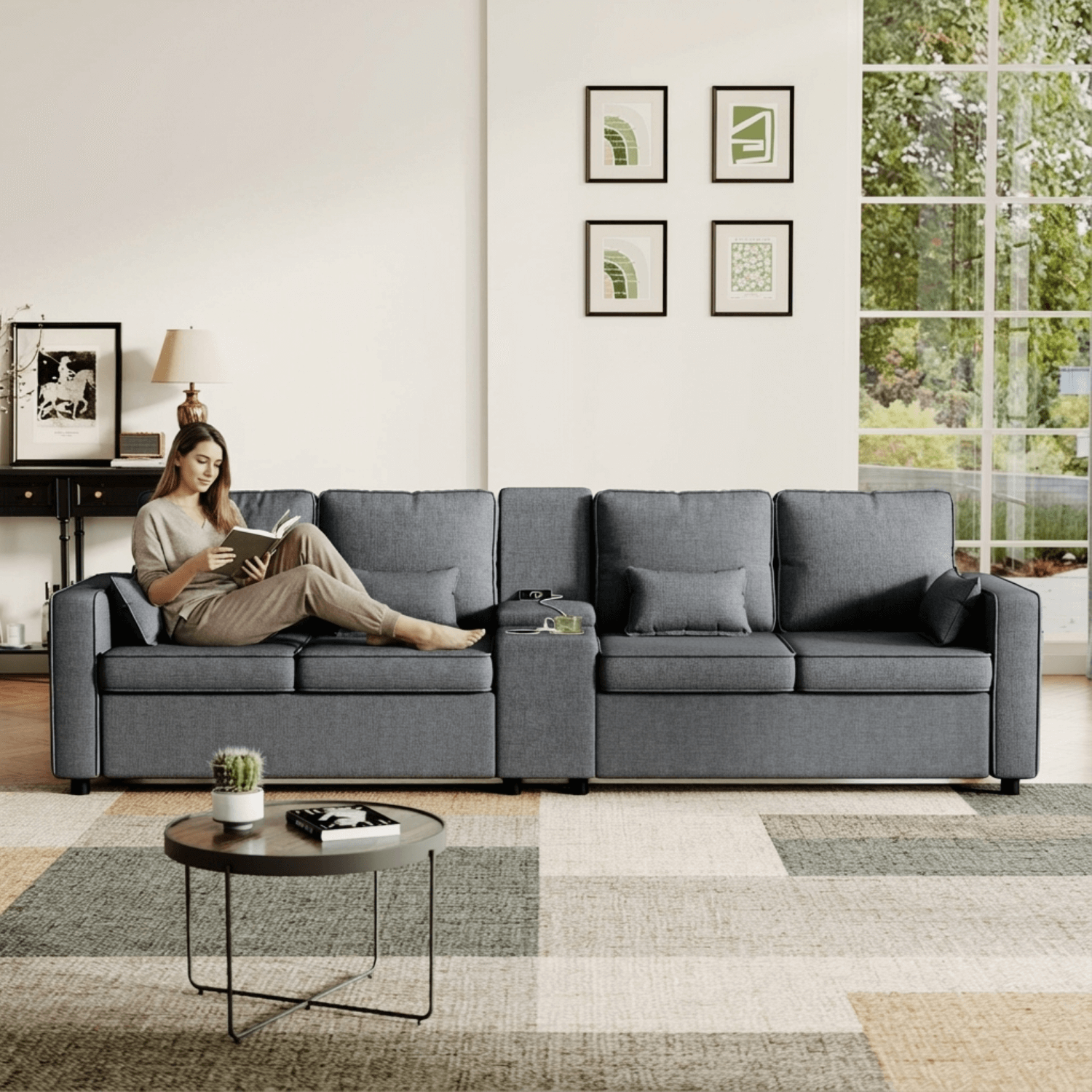 4-Seater Modern Sofa – Grey Linen, Storage Console, Cup Holders & USB/Type-C Charging