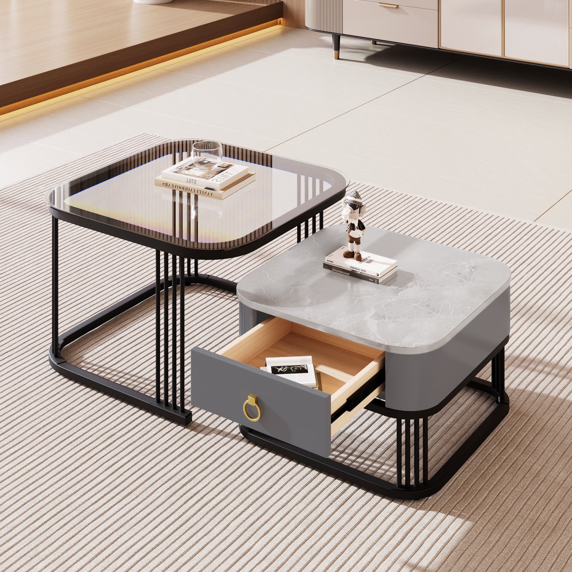 Nestable Coffee Table: High-Gloss Marble Exterior, Glass Tabletop, Black Table Legs, Side Table with Drawer (Set of 2)