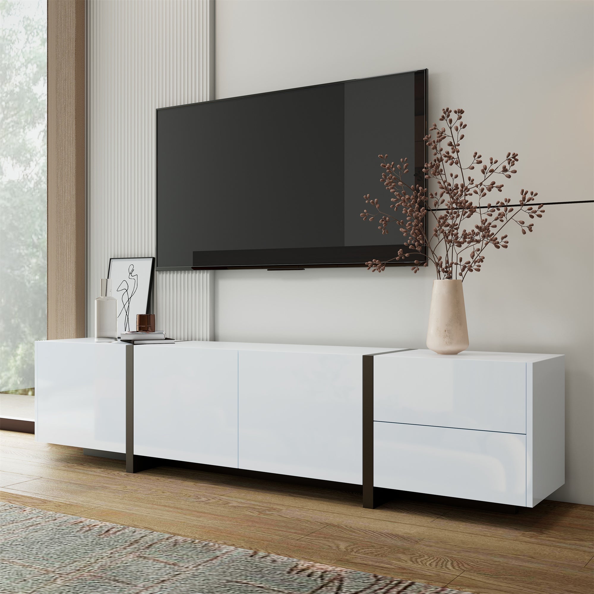 TV Cabinet: White High-Gloss with Black Legs and Simple Doors/Drawers