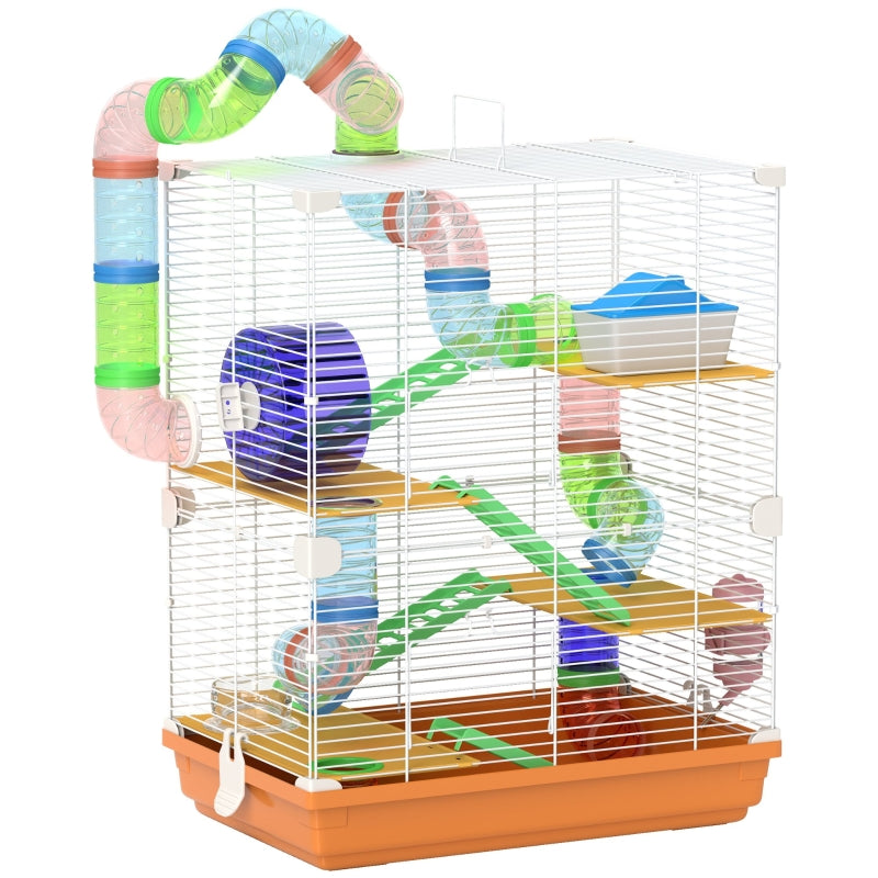 Hamster Cage, 5 Tier Habitat w/ Exercise Wheels, Tunnel, Orange