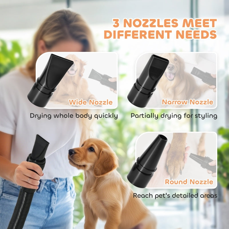 Dog Hair Dryer, 2200W, Adjustable Temperature & Velocity, 3 Nozzles, Black