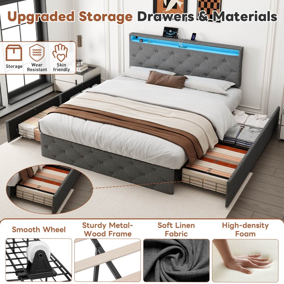 4ft6 Double Upholstered Storage Bed - LED Drawers with USB & Type-C Charging, Adjustable Tufted Headboard