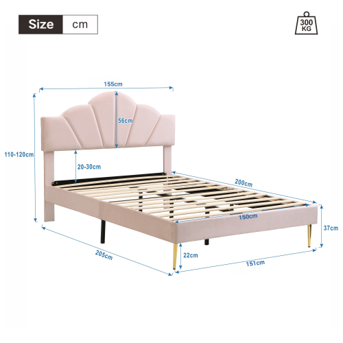 Velvet Upholstered Bed, King Size (150x200cm), Shell-Like Headboard with Golden Iron Legs, Adjustable Height, Wooden Slats, Pink