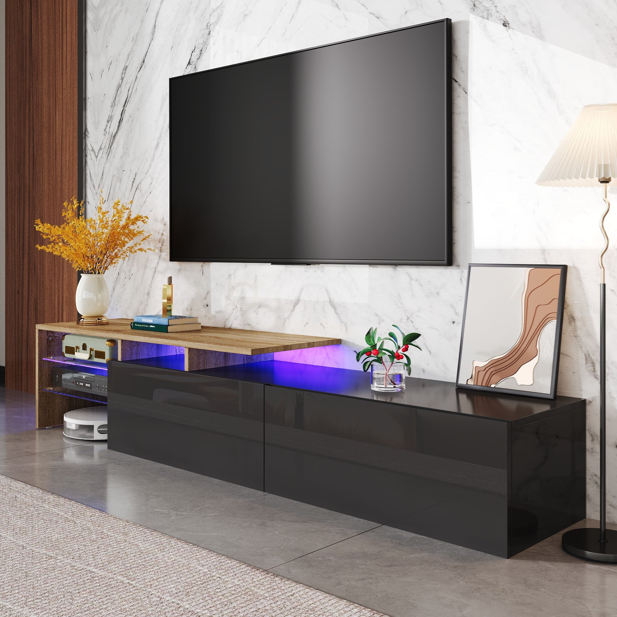 Modern TV Cabinet: Stylish, Elegant, Storage with Glass Shelves, LED Lighting, Black and Wood