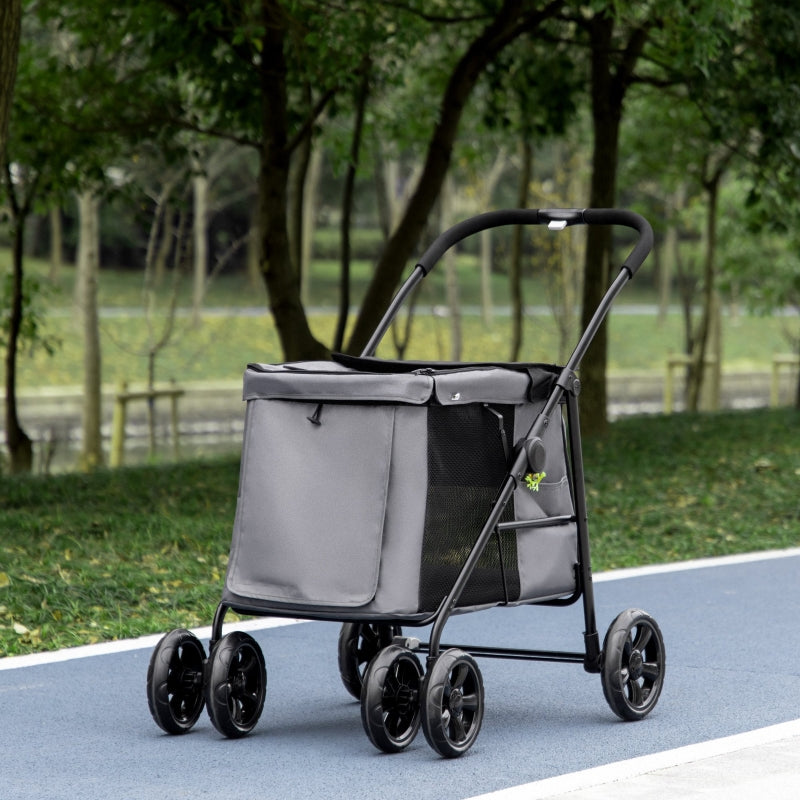 Foldable Pet Stroller, One Click Pushchair Travel Carriage with EVA Wheels, Grey