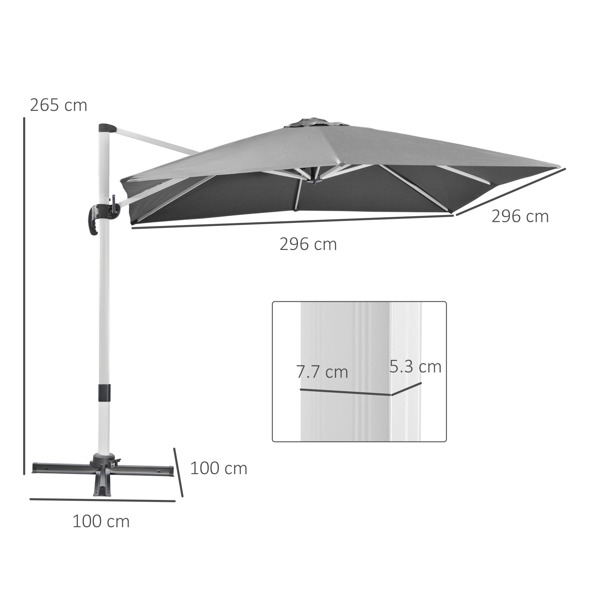 Cantilever Roma Parasol, Square Garden Umbrella with Cross Base, Crank, Tilt, 360?? Rotation, Aluminium Frame, Grey
