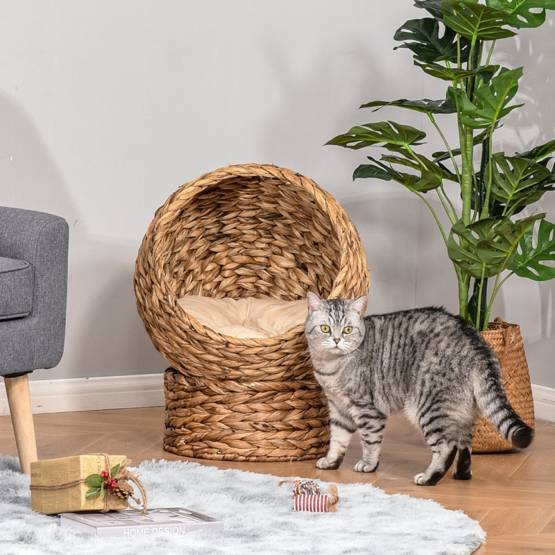Wicker Cat Bed, Raised Rattan Basket with Washable Cushion - Brown