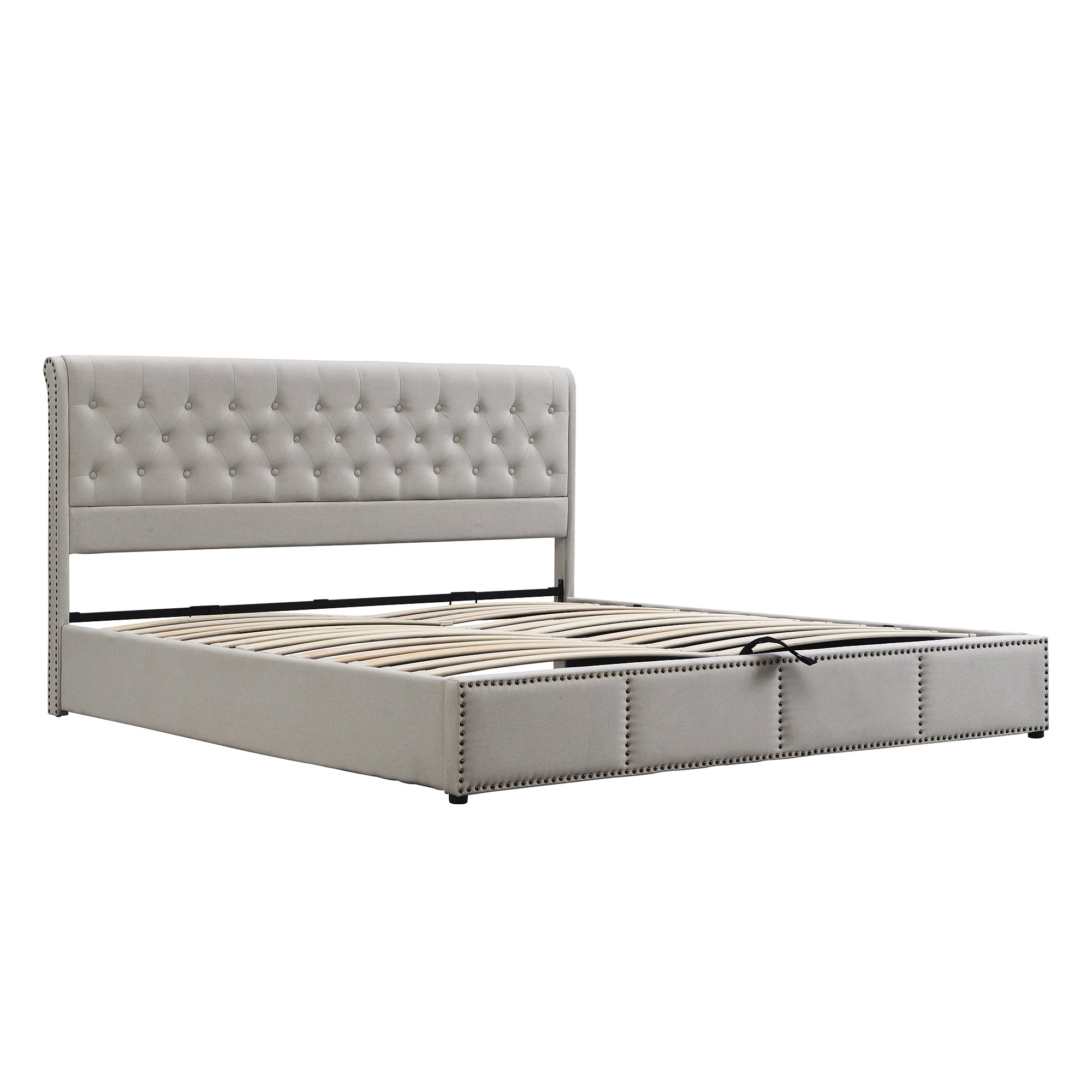 Upholstered Double Bed with Hydraulic Lift & Storage, Rivet Decoration, Velvet Light Grey