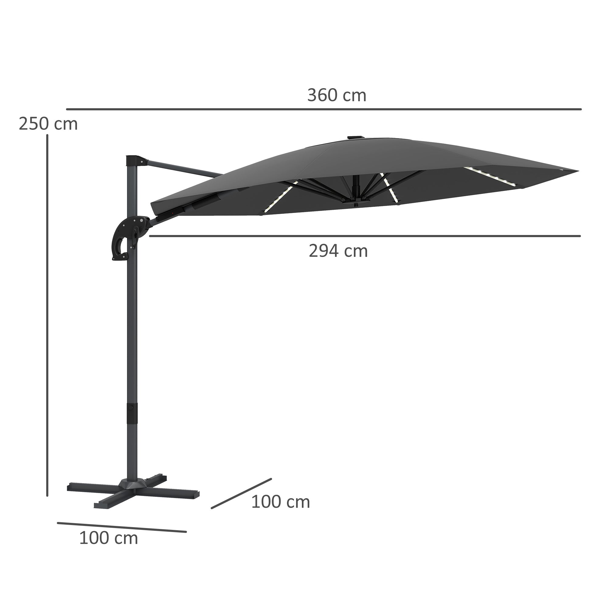 Cantilever Garden Parasol, Solar Powered Lights, Crank Handle, Cross Base, UPF 50+, 360?? Rotation, Dark Grey