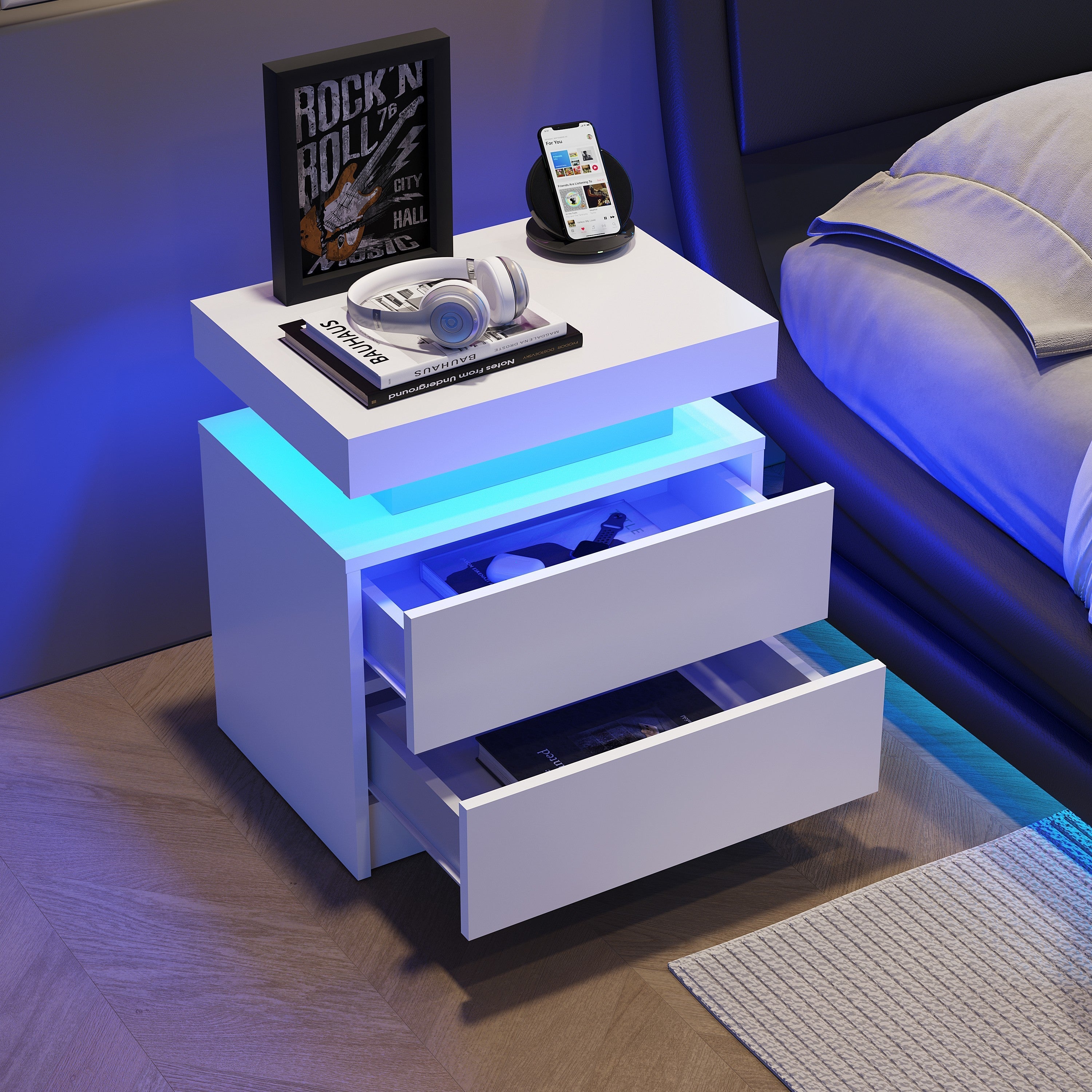 Nightstand LED Bedside Table Cabinet Lights Modern End Side with 2 Drawers for Bedroom (White)
