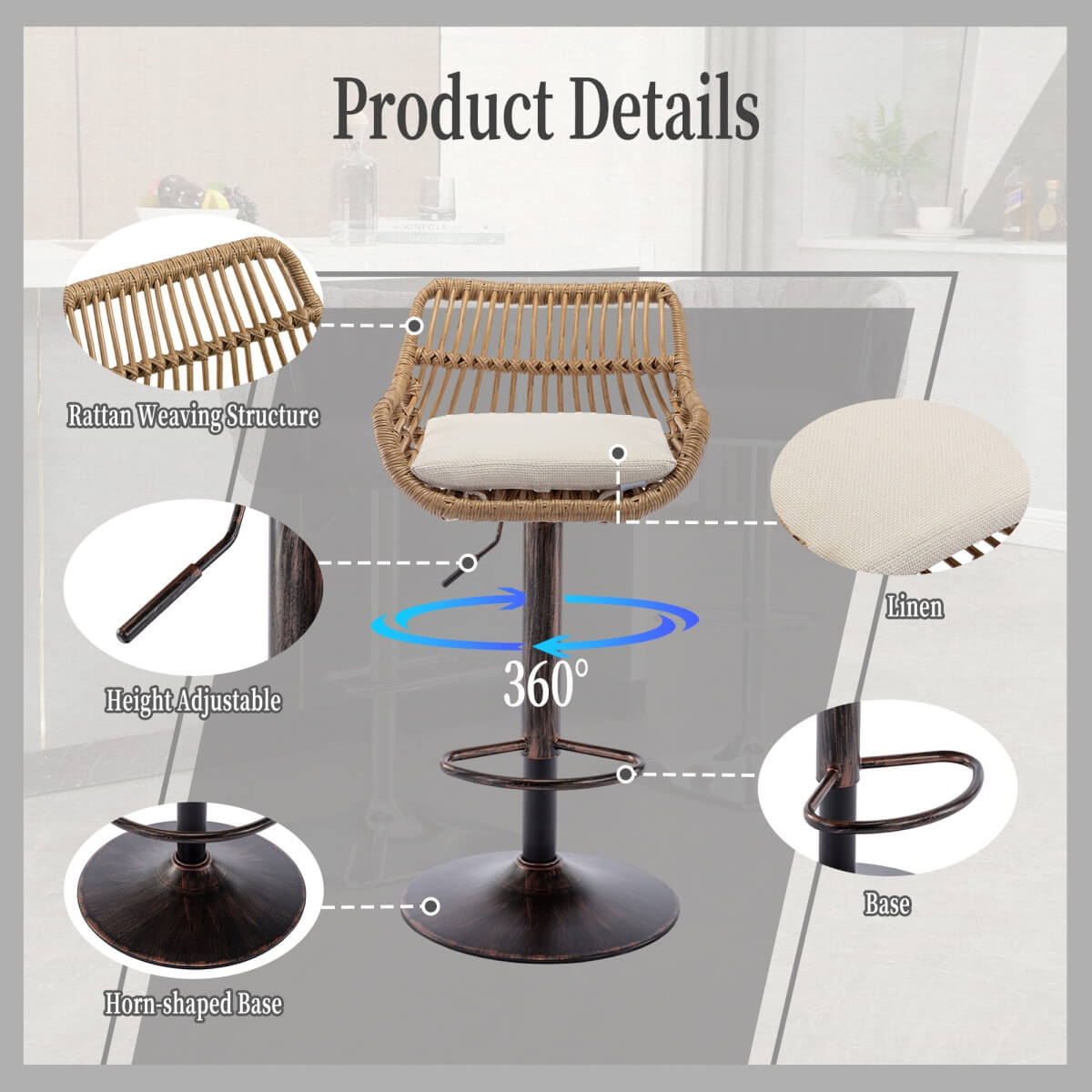 Set of 2 Swivel Bar Stools – Height Adjustable Bar Chairs with Cushions, for Kitchen Island & Home Bar