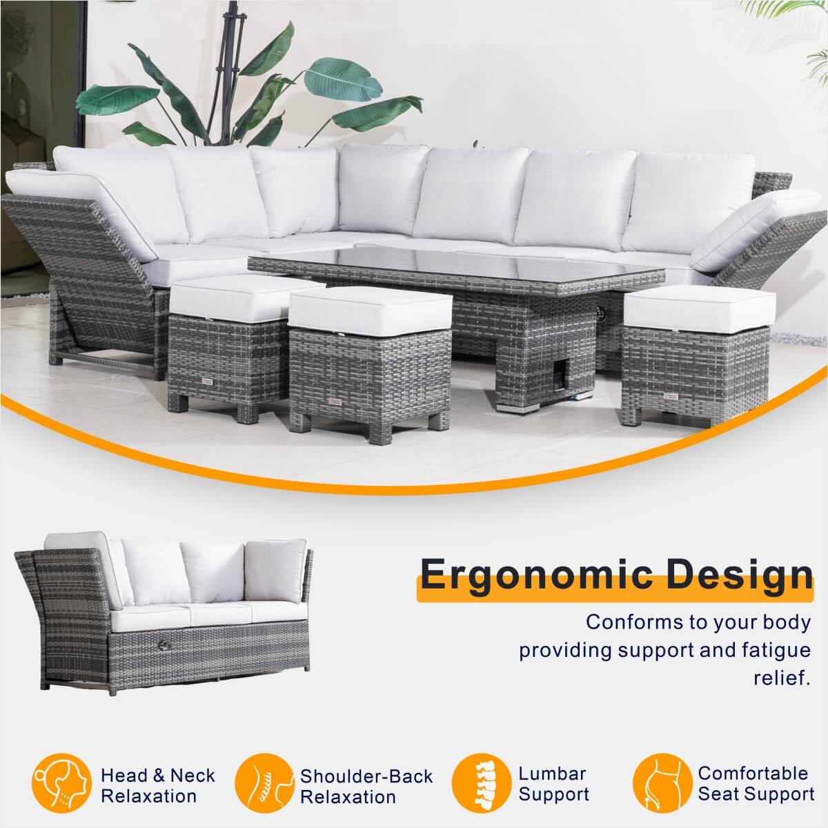 Premium Aluminium Modular Sofa Set – 9-Seater with Gas-Lift Armrests & Adjustable Table, Grey/Brown( PAS-2531)