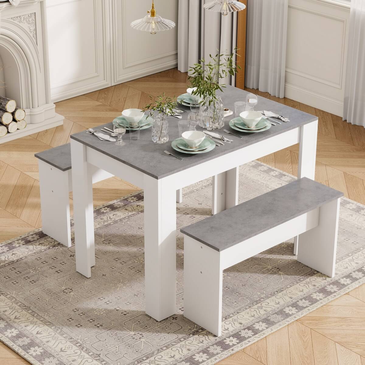 Dining Table Set with 2 Benches – Artificial Marble Kitchen & Dining Table for Small Spaces, Grey & White