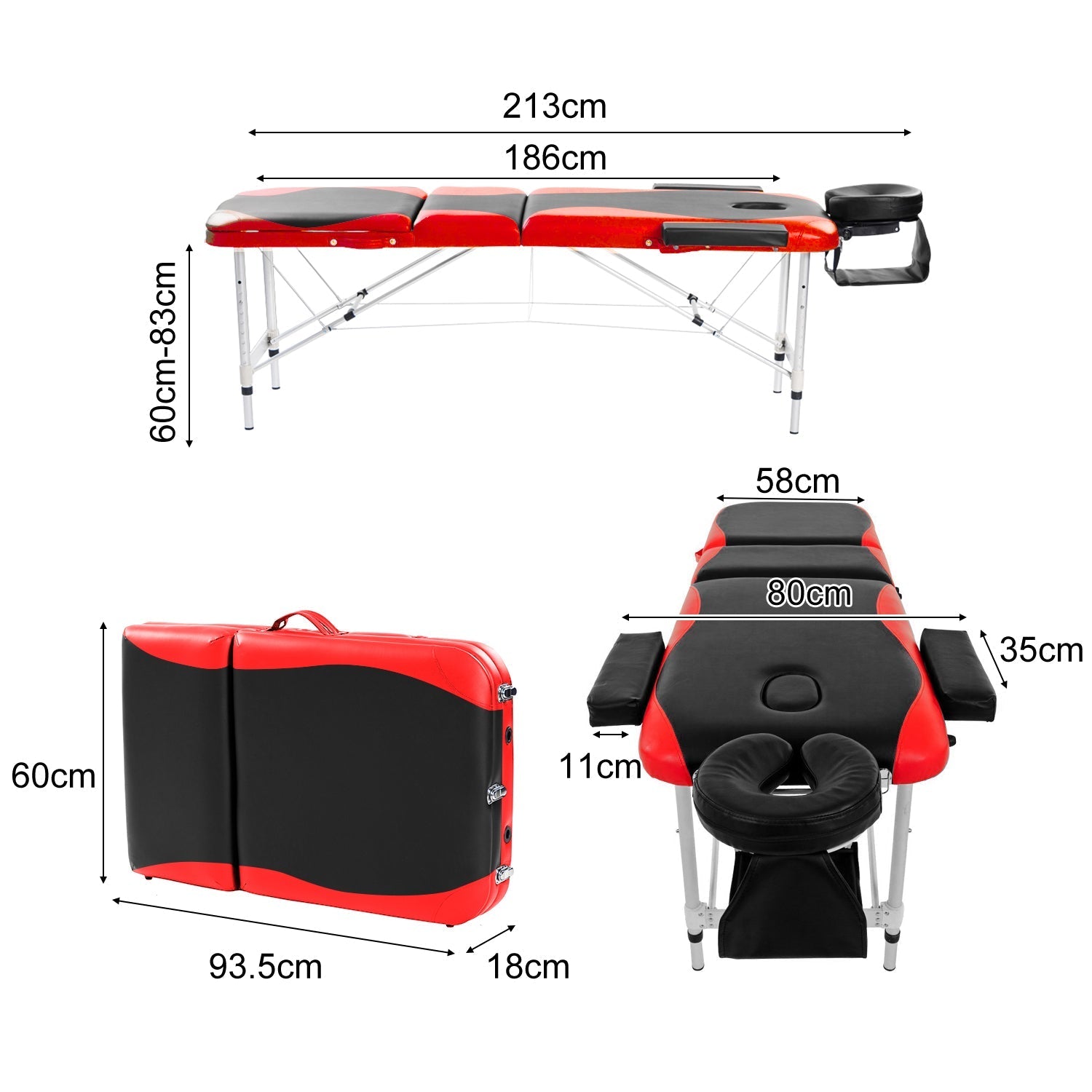 Massage Table Couch Bed Aluminium Deluxe Lightweight Professional Beauty Tattoo Spa 3 Section with Premium PU Leather and 5 cm High Density Multi-Layer Foam Headrest Arm support and Carrying Bag, Red