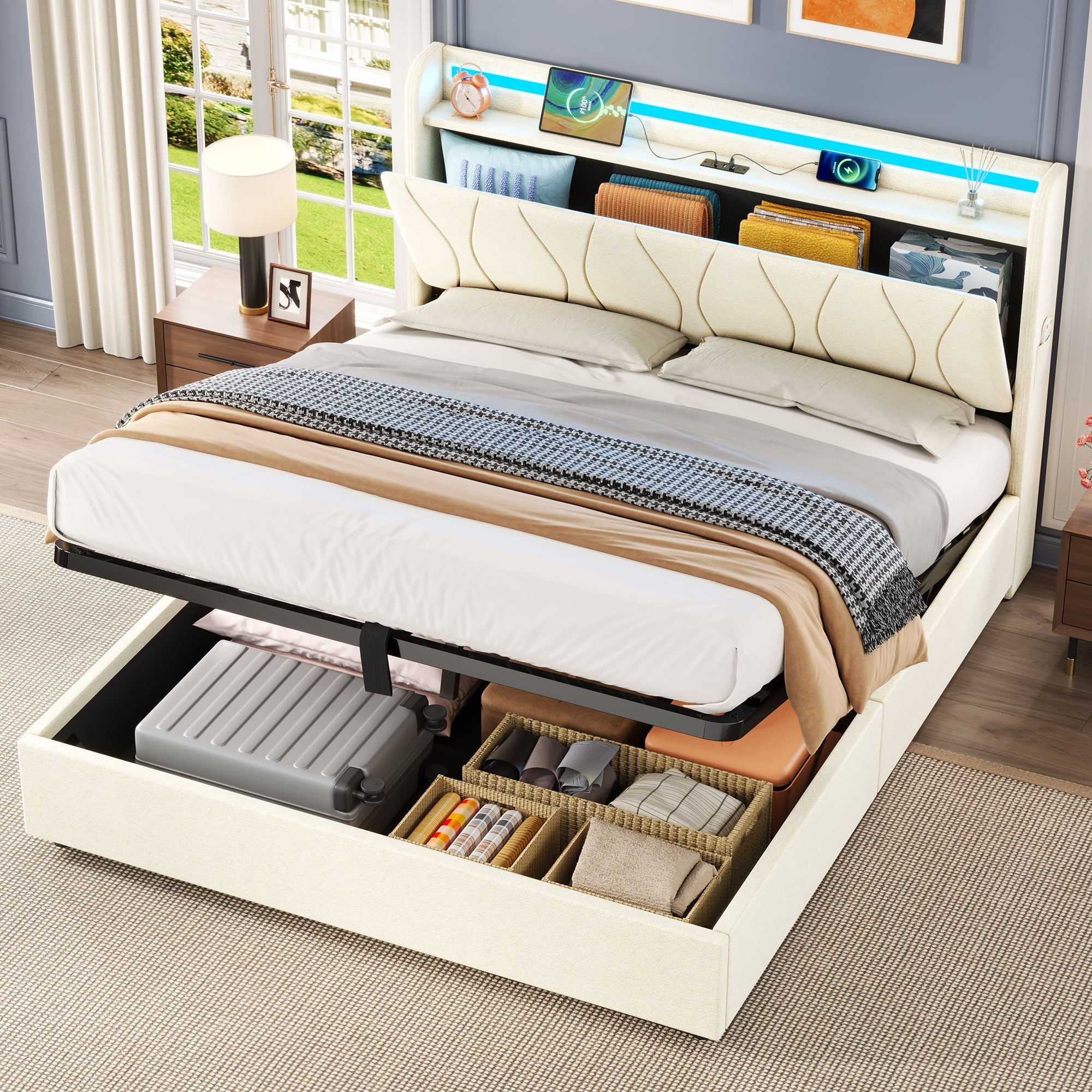 4ft6 Double Upholstered Bed Frame with Hydraulic Storage, LED Headboard, Charging Station, Concealed Storage, Linen Beige