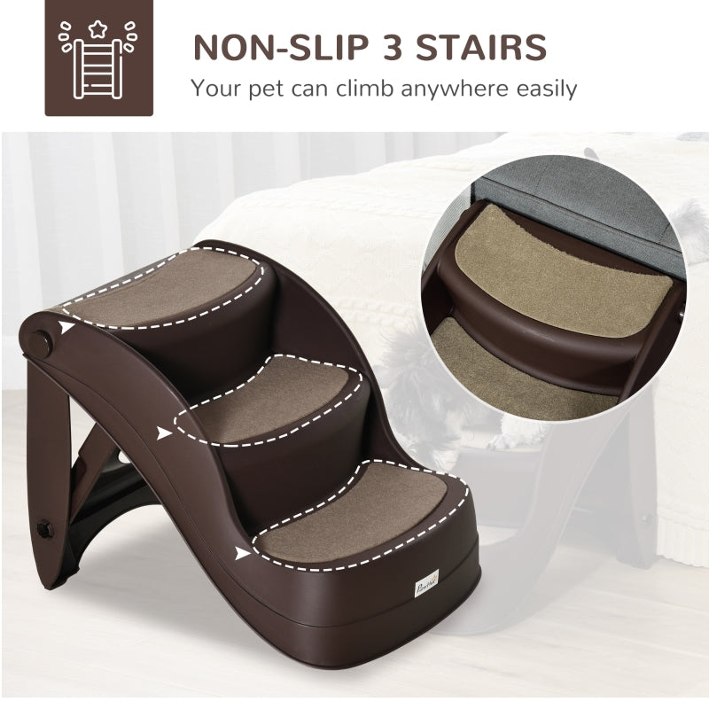 Foldable Pet Stairs 3-Step Design with Non-slip Mats, Brown