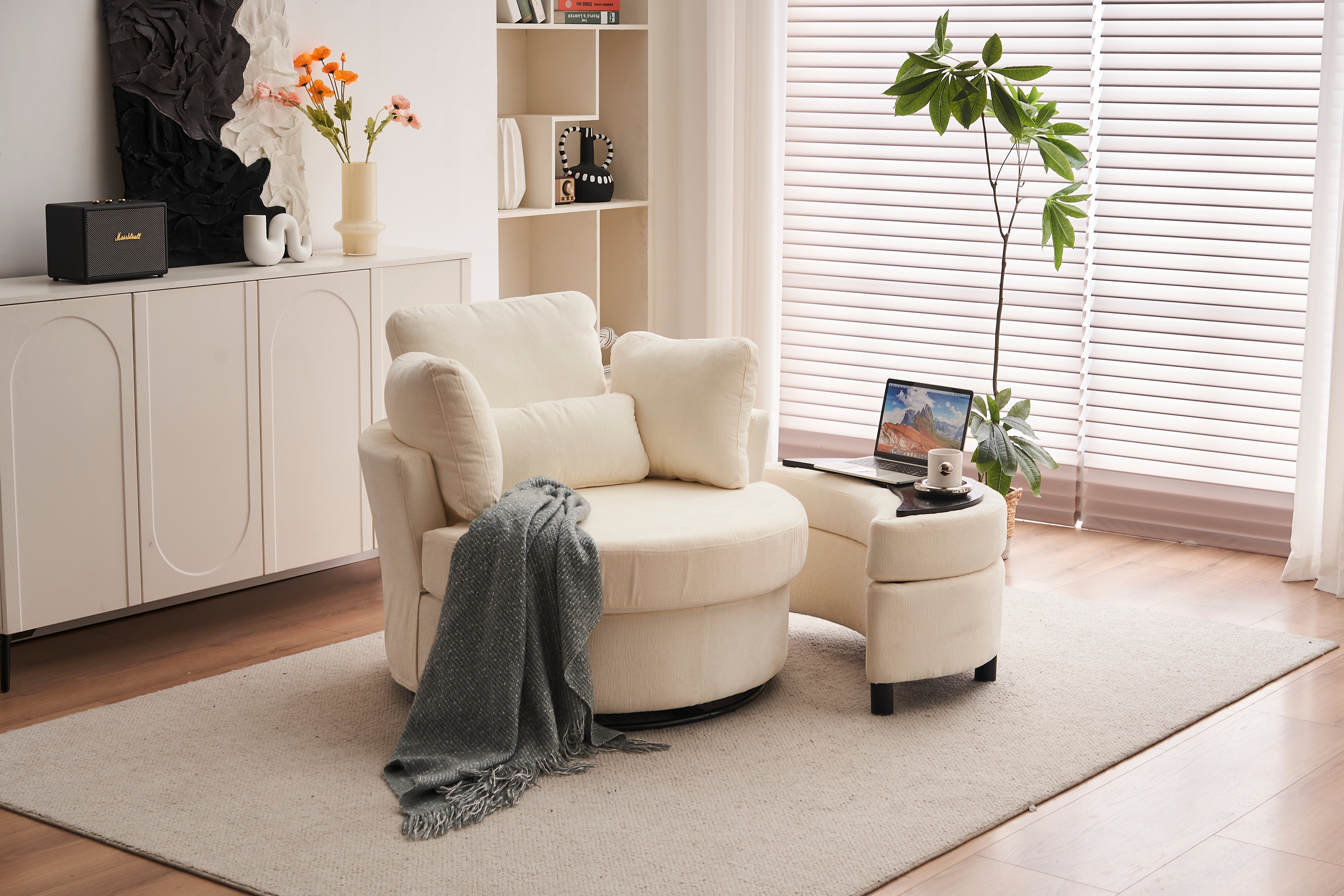 Chenille Swivel Armchair with 3 Back Cushion Pillow and Ottoman Crescent Stool, Ivory