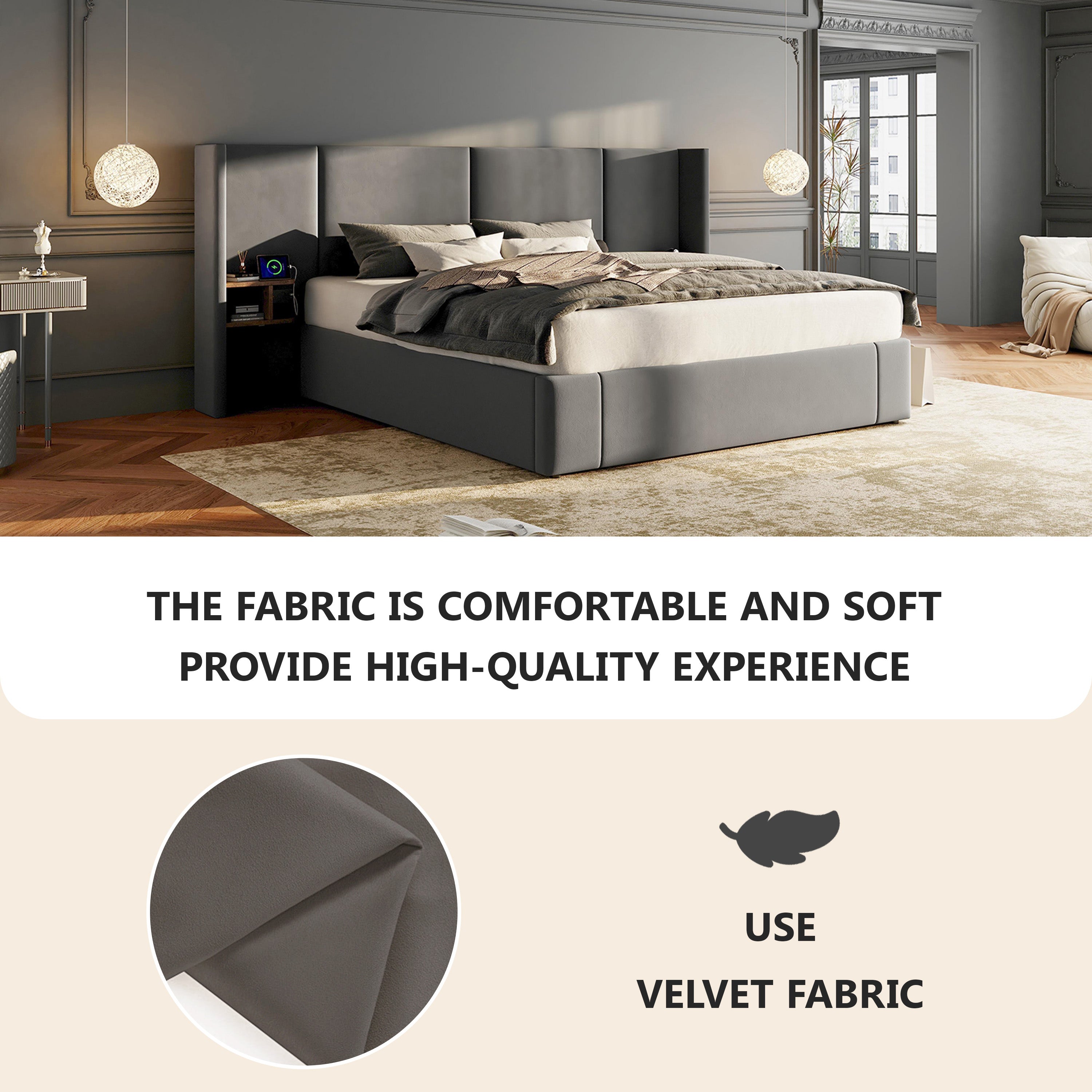 Upholstered King Size 5ft (150*200cm) Ottoman Lift Up Bed Frame with USB, Sockets & Bedside Tables, Velvet Grey