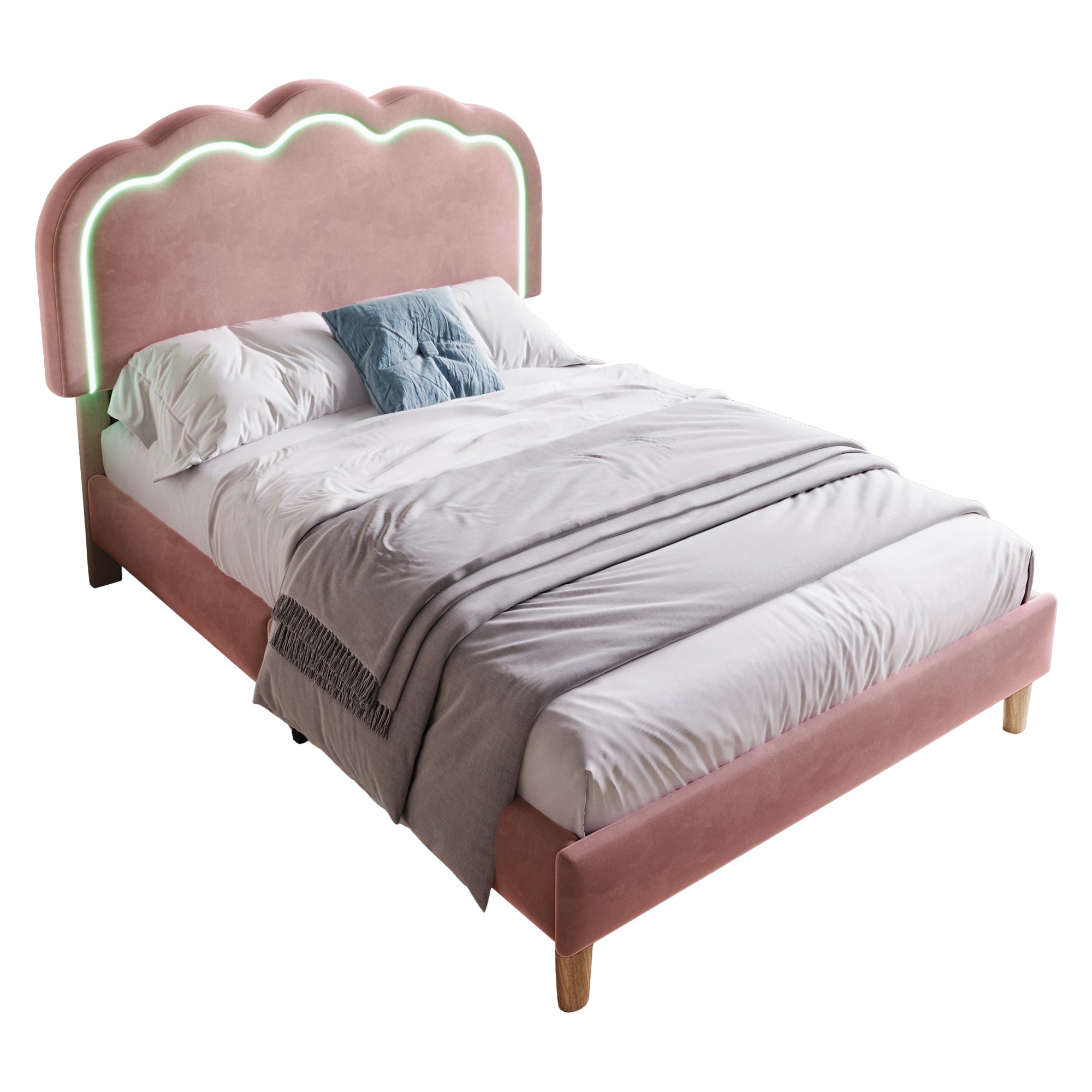 Upholstered Bed, LED, Adjustable Headboard, Pink, Velvet Material