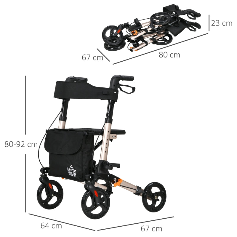 4 Wheel Rollator, Folding Mobility Walker with Seat and Brakes, Lightweight Aluminium, Gold Tone
