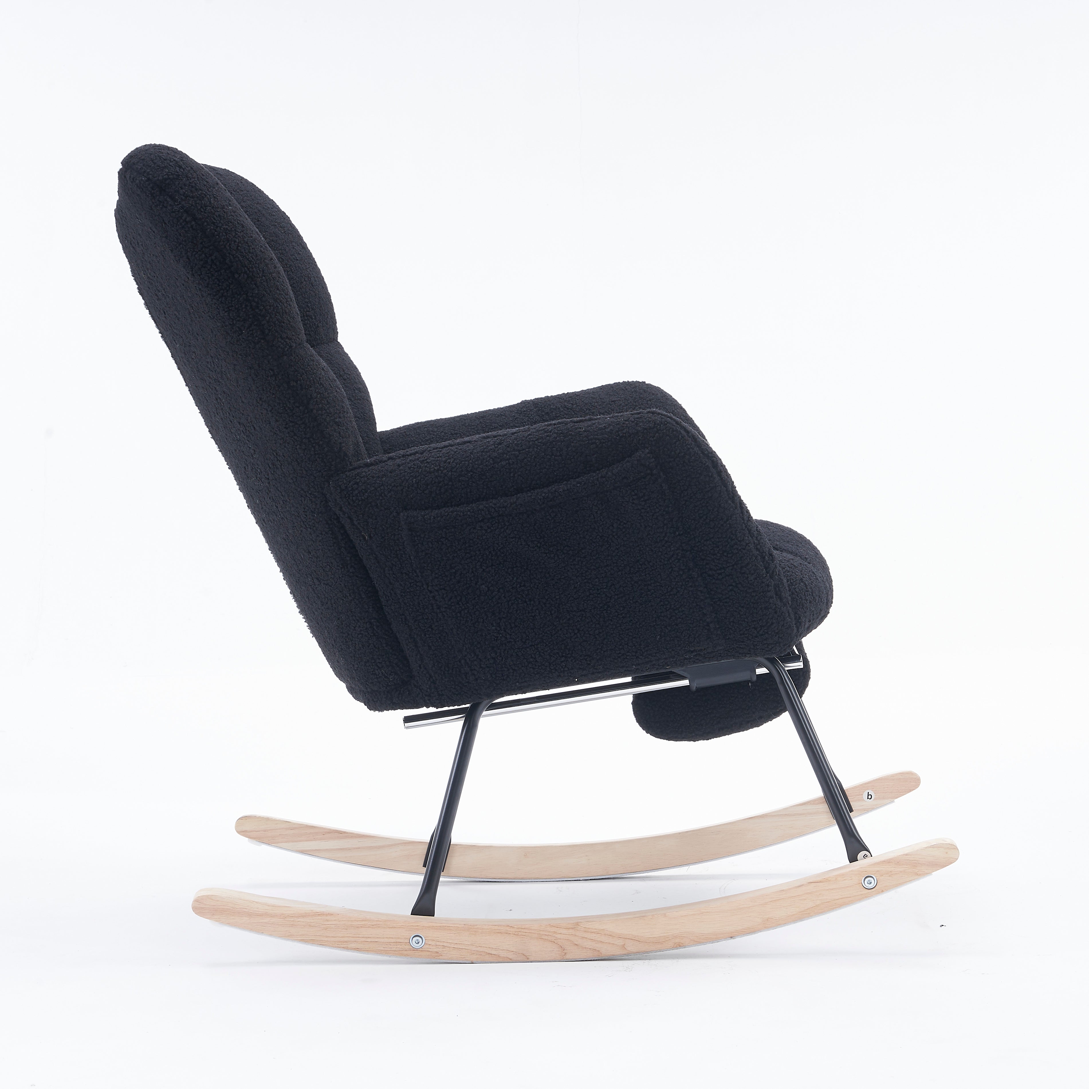 New Modern Teddy Fabric Tufted Upholstered Rocking Chair with Pull-Out Footrest, Black