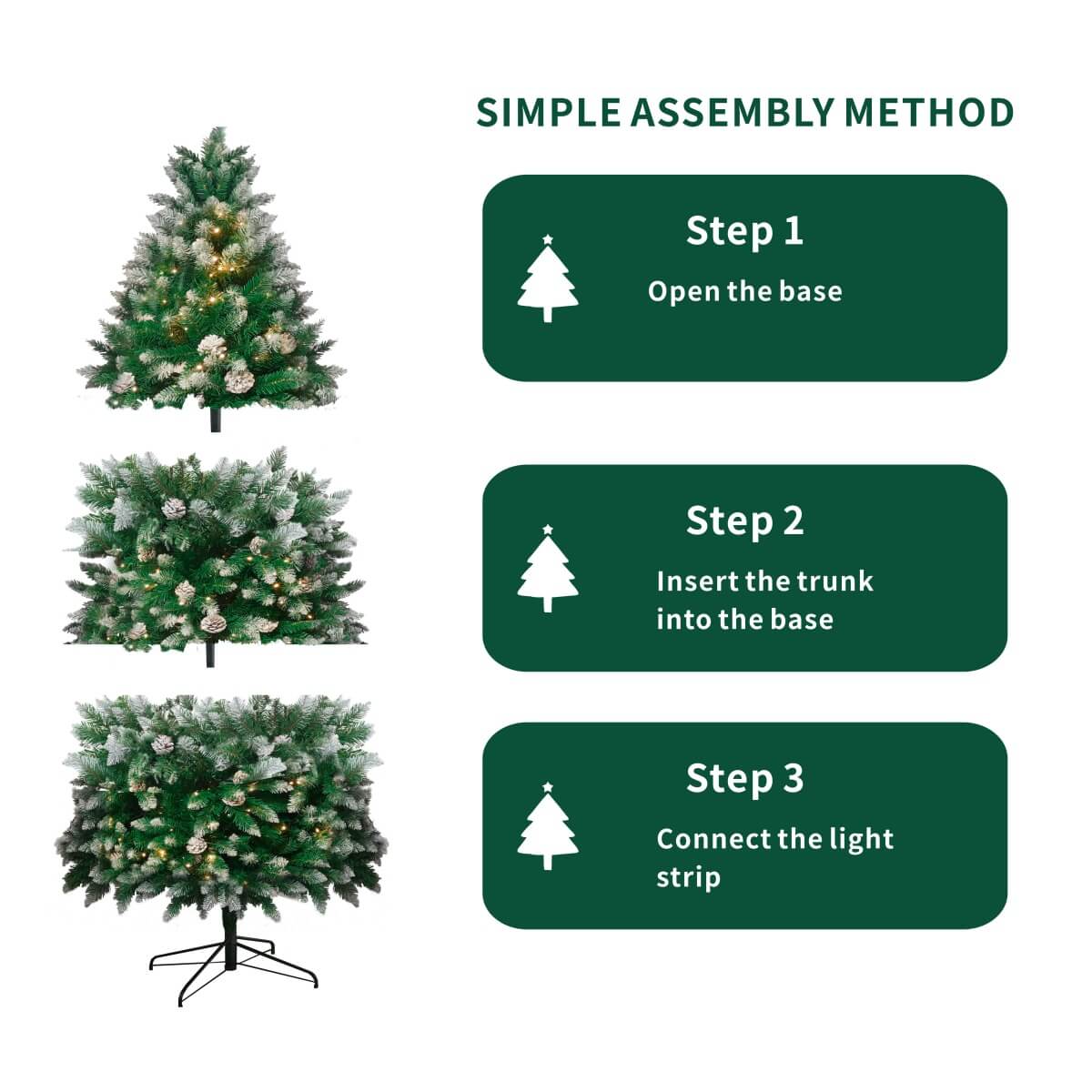 Snow Flocked Artificial Christmas Tree with Pine Cones – Pre-Lit or Unlit PVC Xmas Tree, Warm White LEDs, 5ft 6ft 7ft