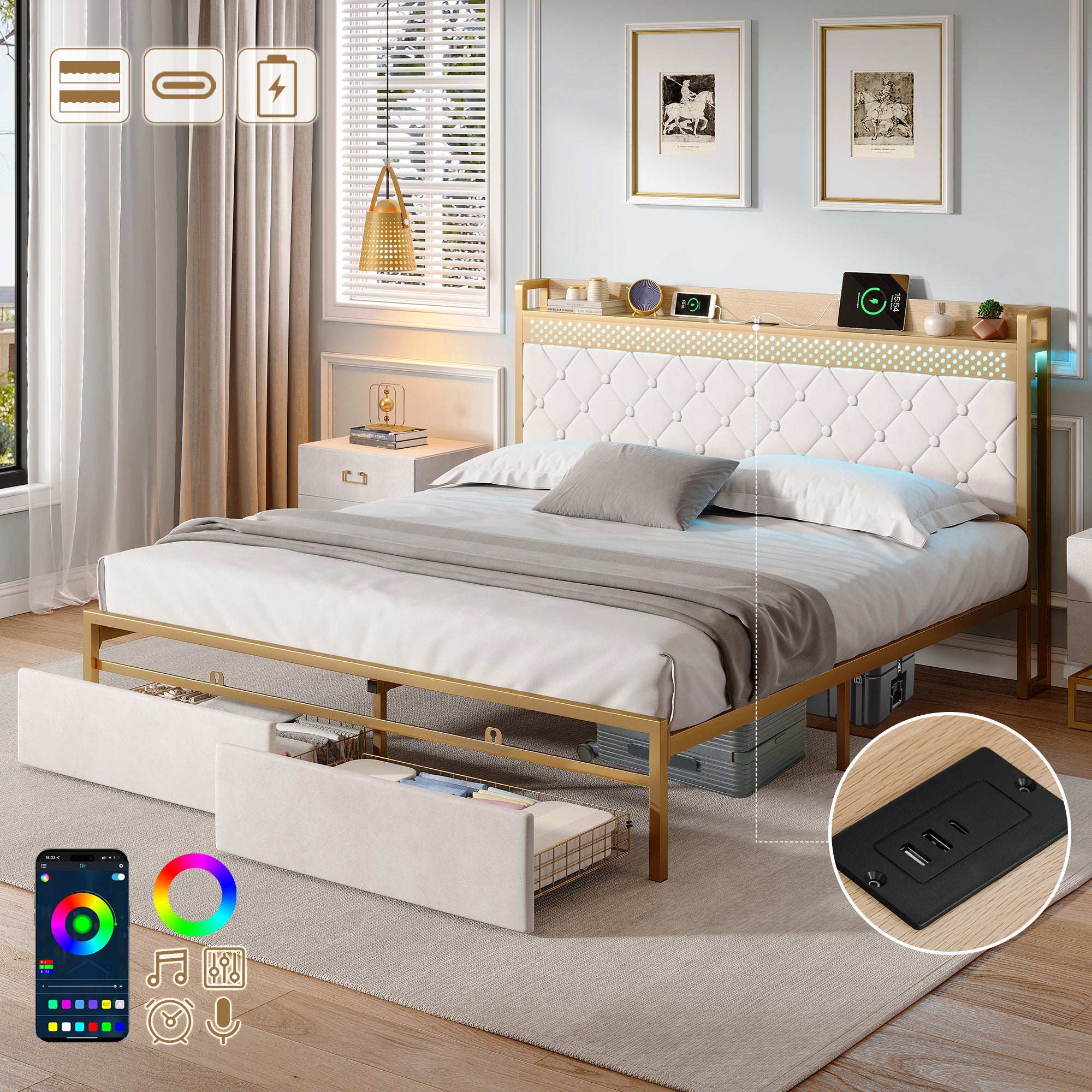 4ft6 Double Bed Frame, Storage Drawers, RGB LED Headboard, Velvet Beige