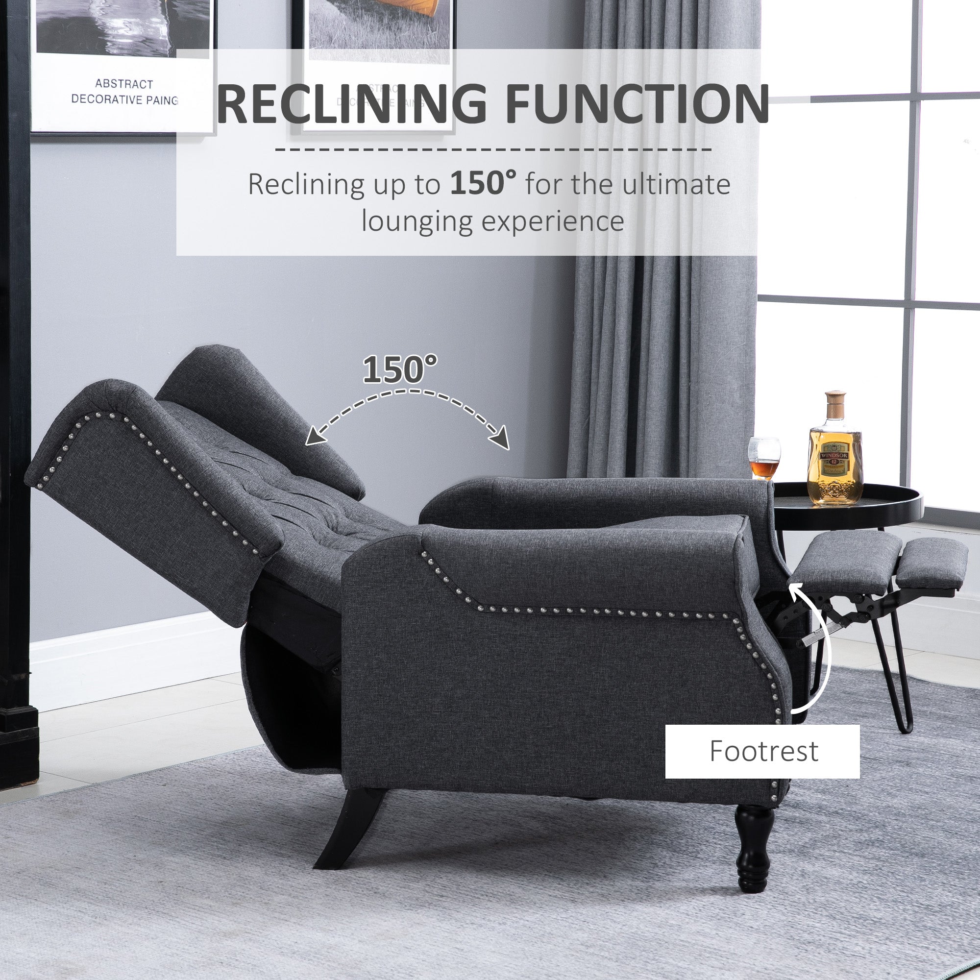 Recliner Armchair, Wingback Chair with Footrest, Dark Grey
