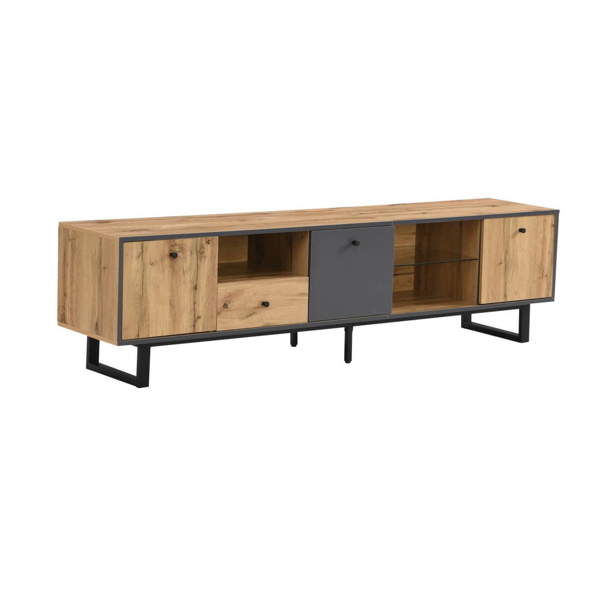 LED TV Unit with Glass Shelves - Modern Lowboard Cabinet with Soft-Close Doors