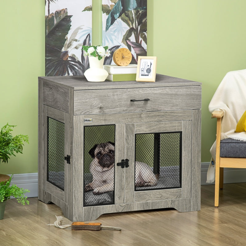 PawHut Dog Cage End Table with Two Doors, Drawer, Grey