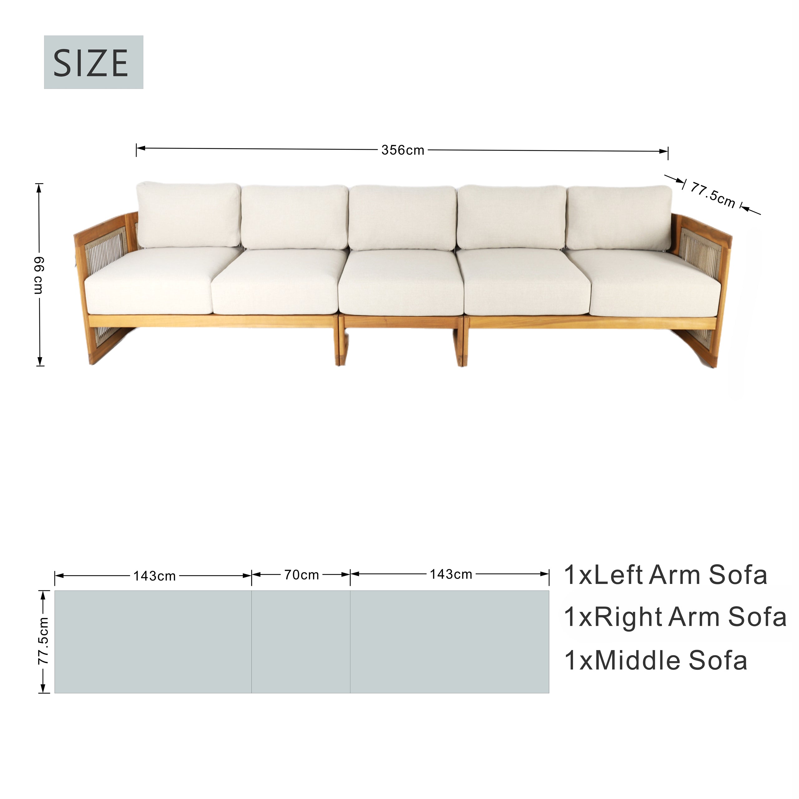 I-Shape 5-Seat Solid Acacia  Modular Sofa ¨C Armless Middle with Side Support (PAS-2516-LS+MS+RS)
