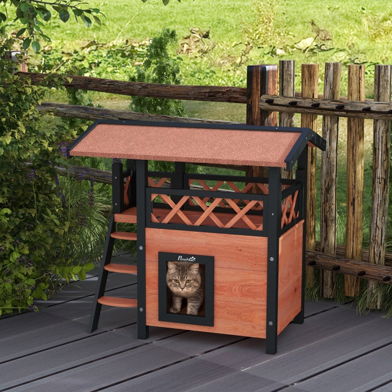 Cat House Outdoor with Balcony Stairs Roof, 77 x 50 x 73 cm, Brown